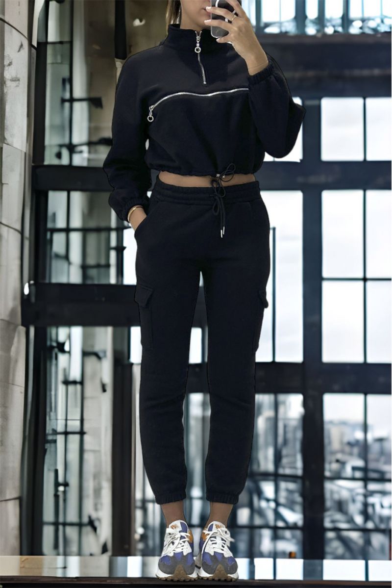 Ensemble jogging et sweat noir très épais avec fermeture à l'avant