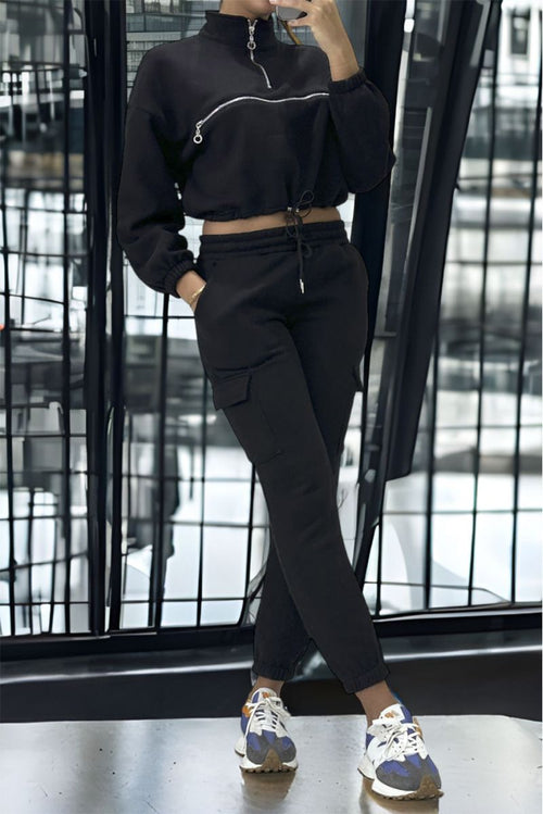 Ensemble jogging et sweat noir très épais avec fermeture à l'avant